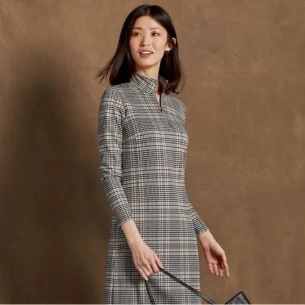 J.McLaughlin Womens Houndstooth Plaid Quarter Zip Mock Neck Shift Dress Large